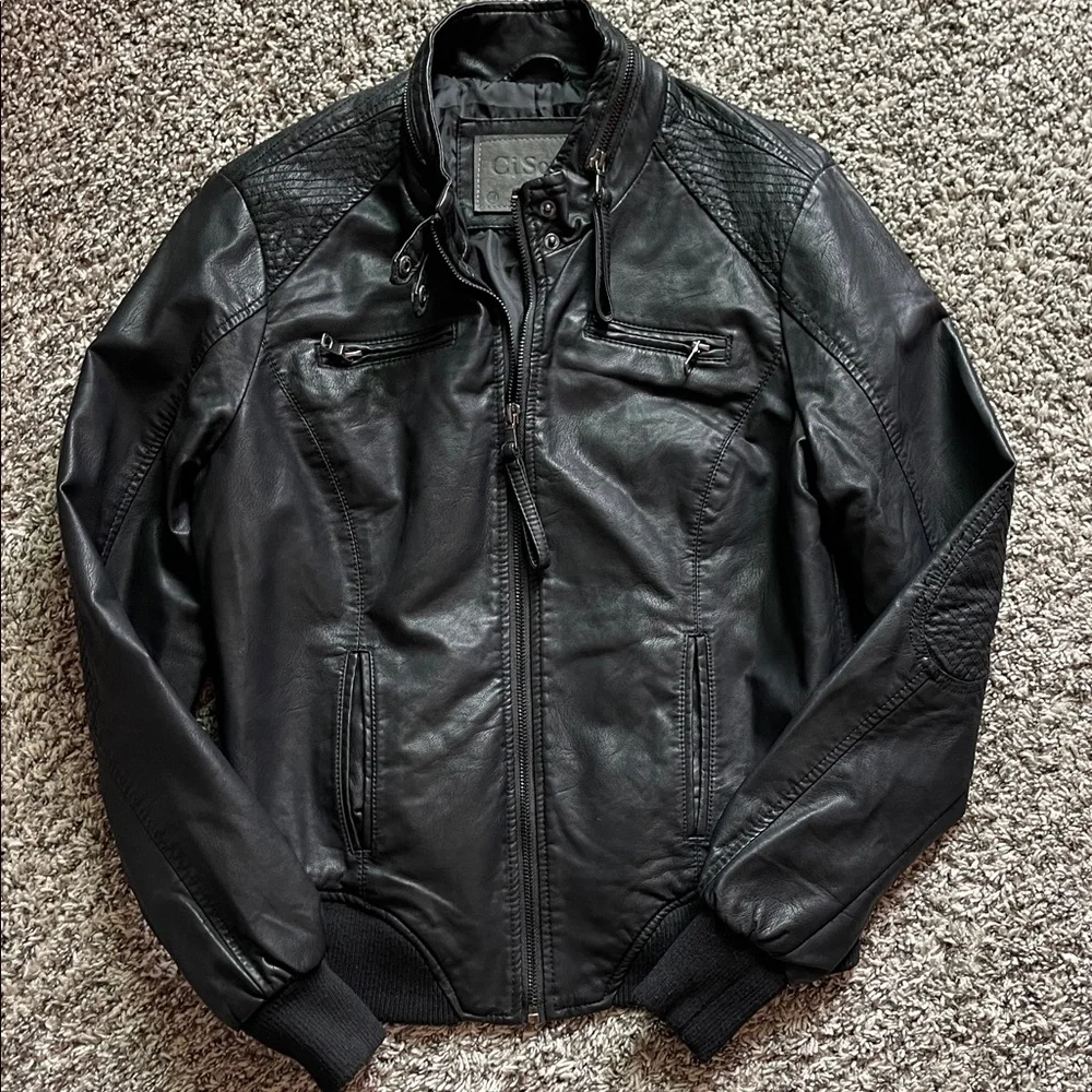 Black Faux Leather Bomber Jacket - Picture 1 of 2